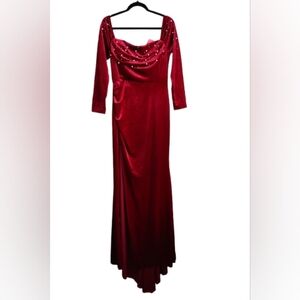 NWT Pearl Embellished Velvet Maxi Dress Burgundy Cowl Neck Gown